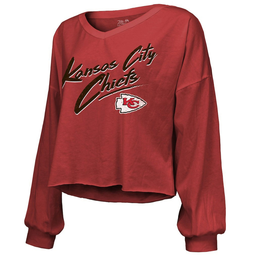 Kansas City Chiefs Travis Kelce  Majestic Threads Women's Name & Number Off-Shoulder Script Cropped Long Sleeve V-Neck T-Shirt | NFL Online