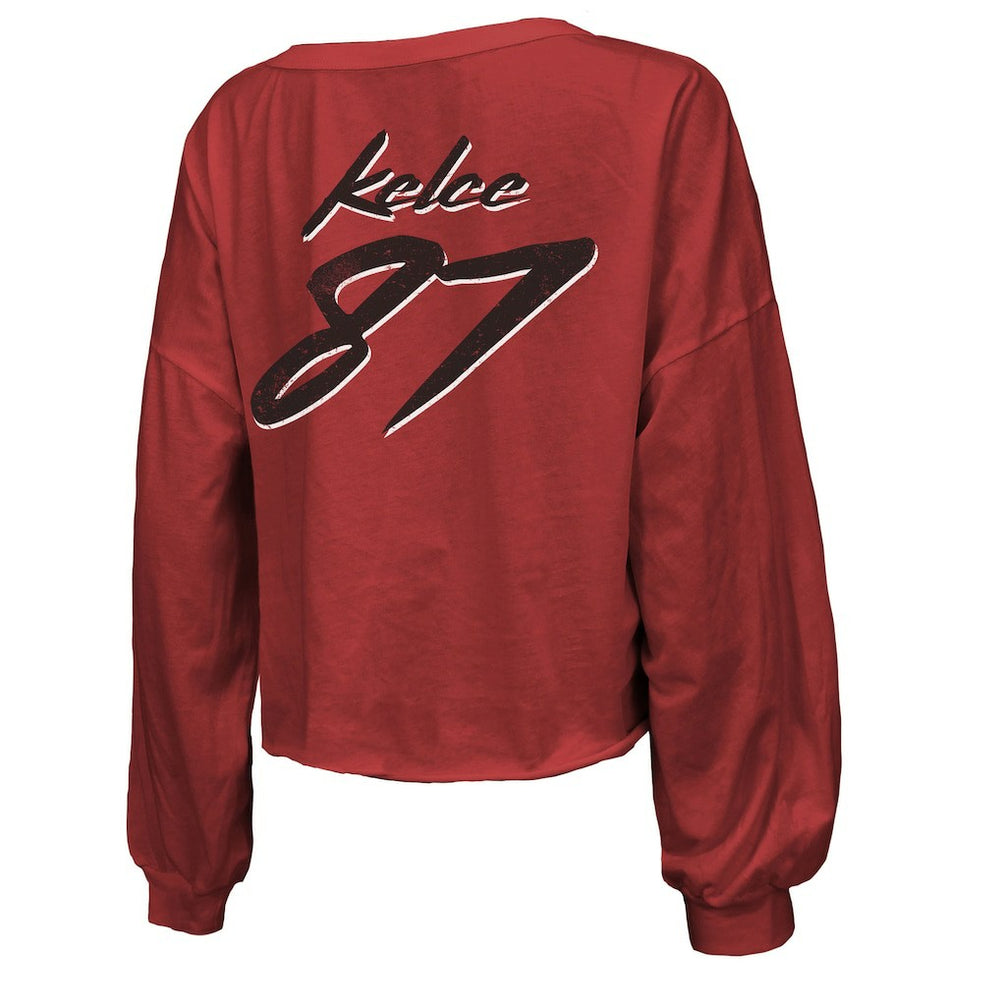 Kansas City Chiefs Travis Kelce  Majestic Threads Women's Name & Number Off-Shoulder Script Cropped Long Sleeve V-Neck T-Shirt | NFL Online