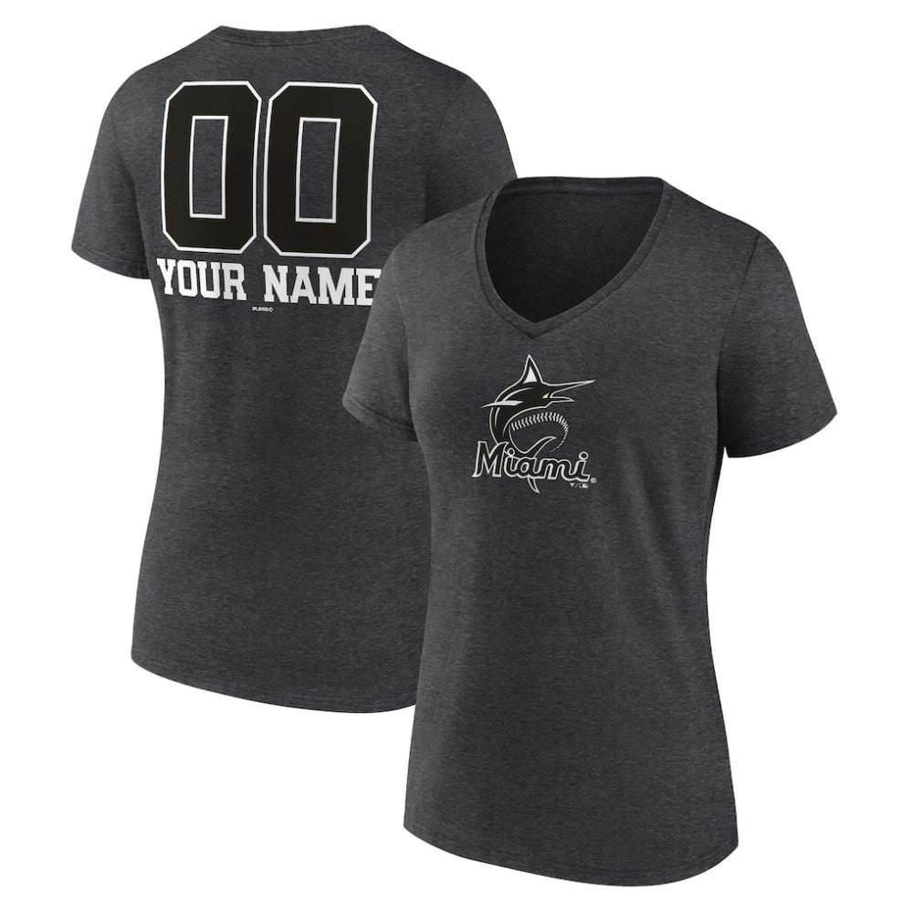 Miami Marlins Women's Personalized Monochrome Name & Number V-Neck T-Shirt - MLB T-shirts