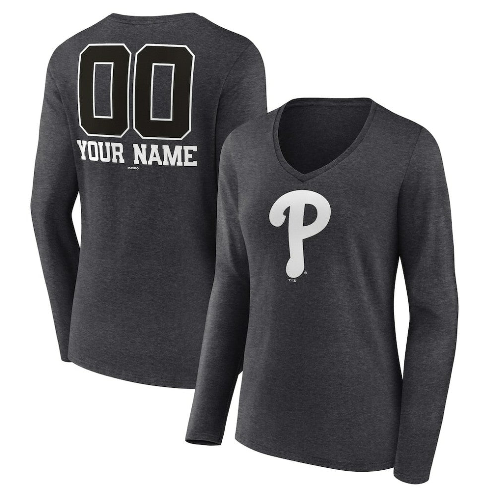 Philadelphia Phillies Women's Personalized Monochrome Name & Number Long Sleeve V-Neck T-Shirt - MLB T-shirts