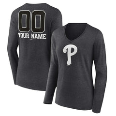 Philadelphia Phillies Women's Personalized Monochrome Name & Number Long Sleeve V-Neck T-Shirt - MLB T-shirts