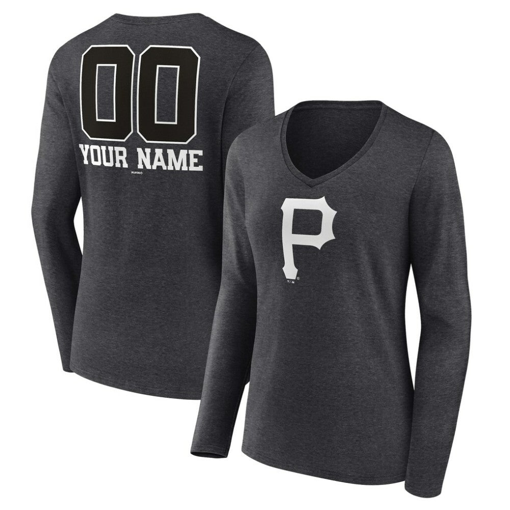 Pittsburgh Pirates Women's Personalized Monochrome Name & Number Long Sleeve V-Neck T-Shirt - MLB T-shirts