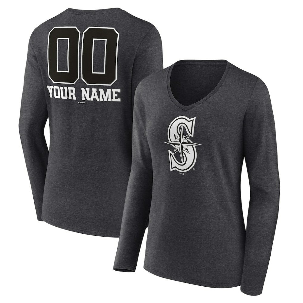 Seattle Mariners Women's Personalized Monochrome Name & Number Long Sleeve V-Neck T-Shirt - MLB T-shirts