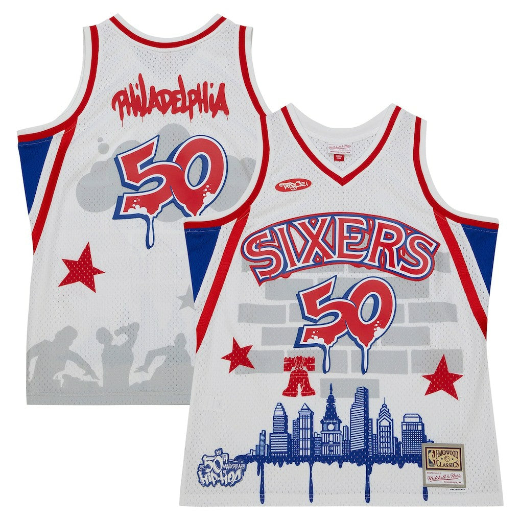 White Philadelphia 76ers x Tats Cru Hardwood Classics Fashion Jersey sale | NBA