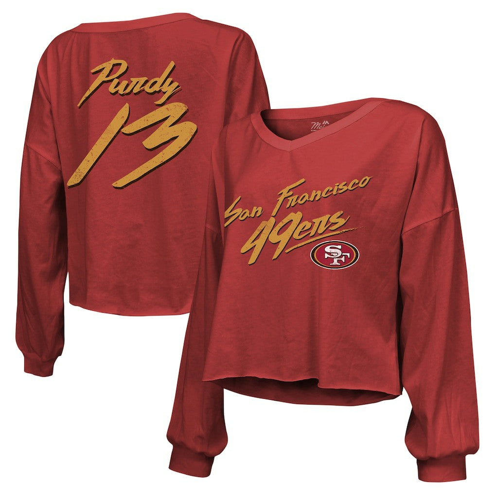 San Francisco 49ers Brock Purdy  Majestic Threads Women's Name & Number Off-Shoulder Script Cropped Long Sleeve Relaxed V-Neck T-Shirt | NFL Discount