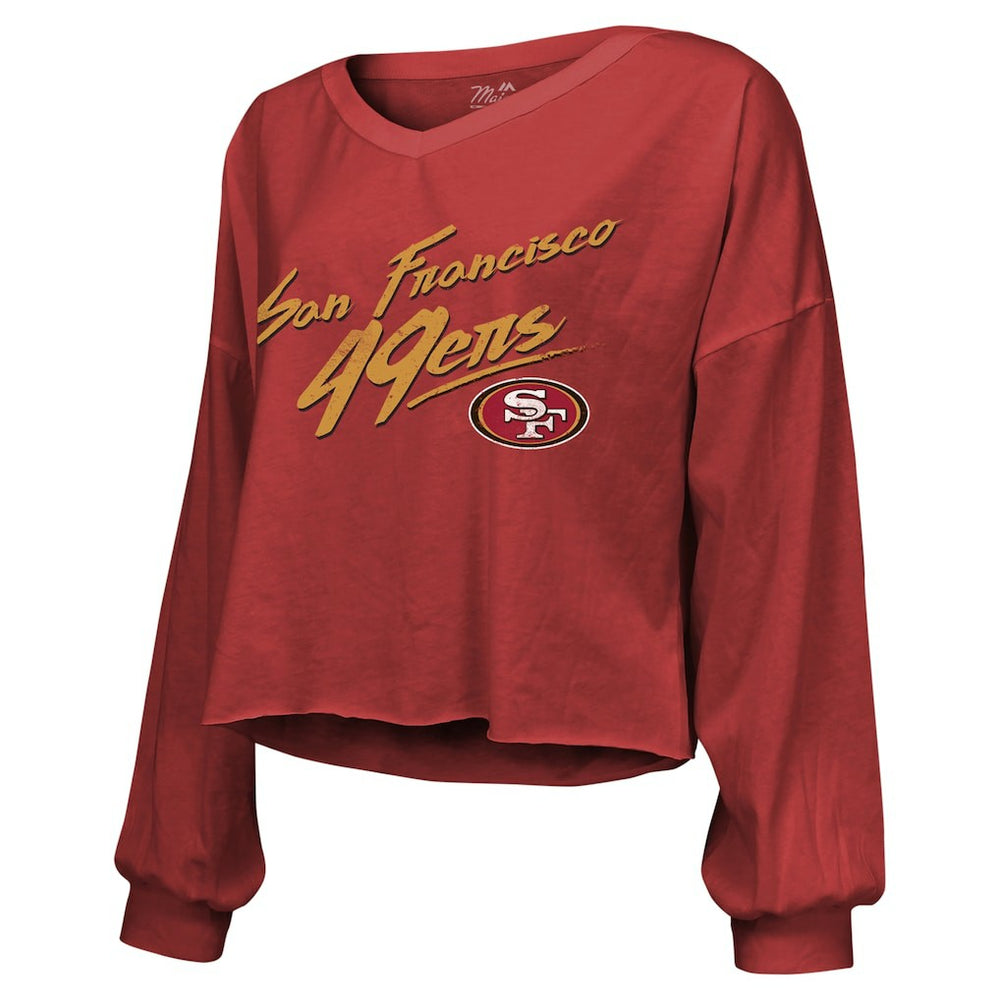 San Francisco 49ers Brock Purdy  Majestic Threads Women's Name & Number Off-Shoulder Script Cropped Long Sleeve Relaxed V-Neck T-Shirt | NFL Discount