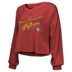 San Francisco 49ers Brock Purdy  Majestic Threads Women's Name & Number Off-Shoulder Script Cropped Long Sleeve Relaxed V-Neck T-Shirt | NFL Discount