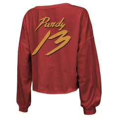 San Francisco 49ers Brock Purdy  Majestic Threads Women's Name & Number Off-Shoulder Script Cropped Long Sleeve Relaxed V-Neck T-Shirt | NFL Discount