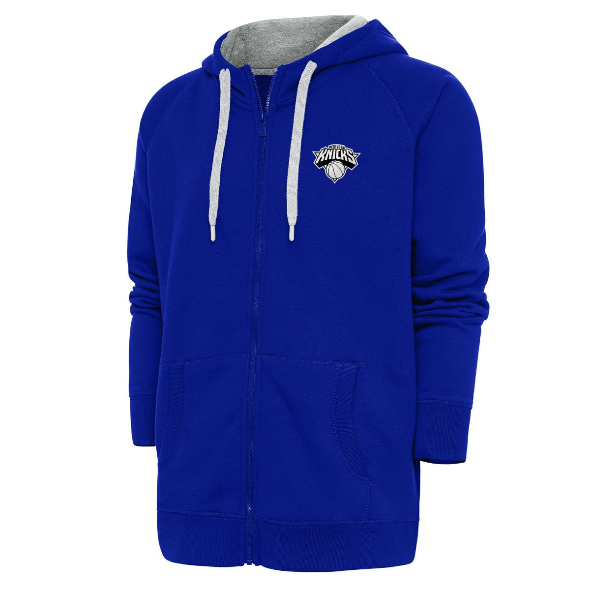 Blue New York Knicks Antigua Metallic Logo Victory Raglan Full-Zip Hoodie | NBA