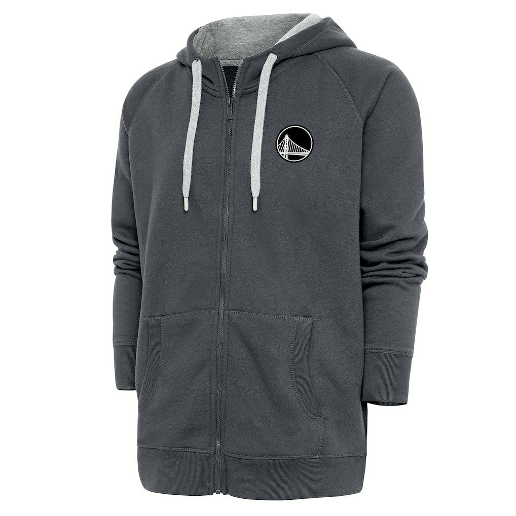 Charcoal Golden State Warriors Antigua Metallic Logo Victory Raglan Full-Zip Hoodie sale | NBA