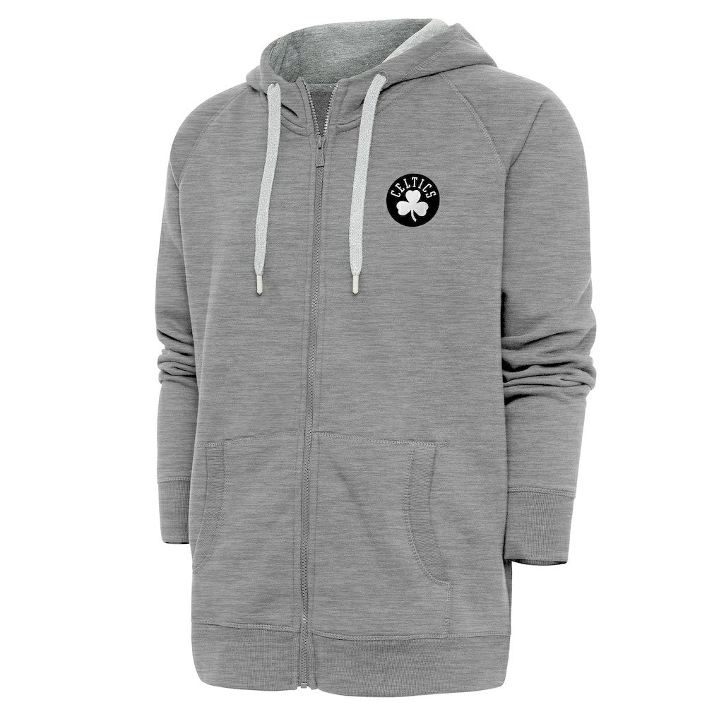 Heather Gray Boston Celtics Antigua Metallic Logo Victory Raglan Full-Zip Hoodie | NBA