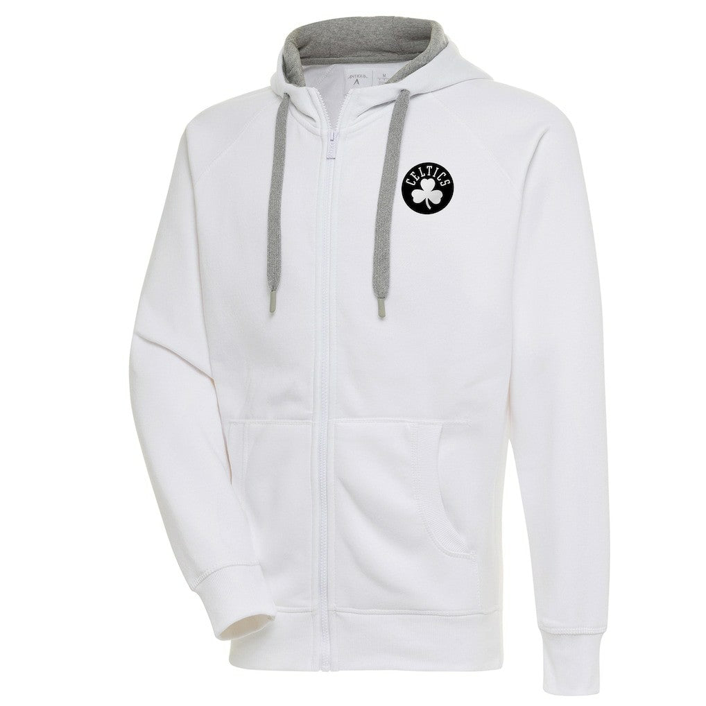 White Boston Celtics Antigua Metallic Logo Victory Raglan Full-Zip Hoodie | NBA