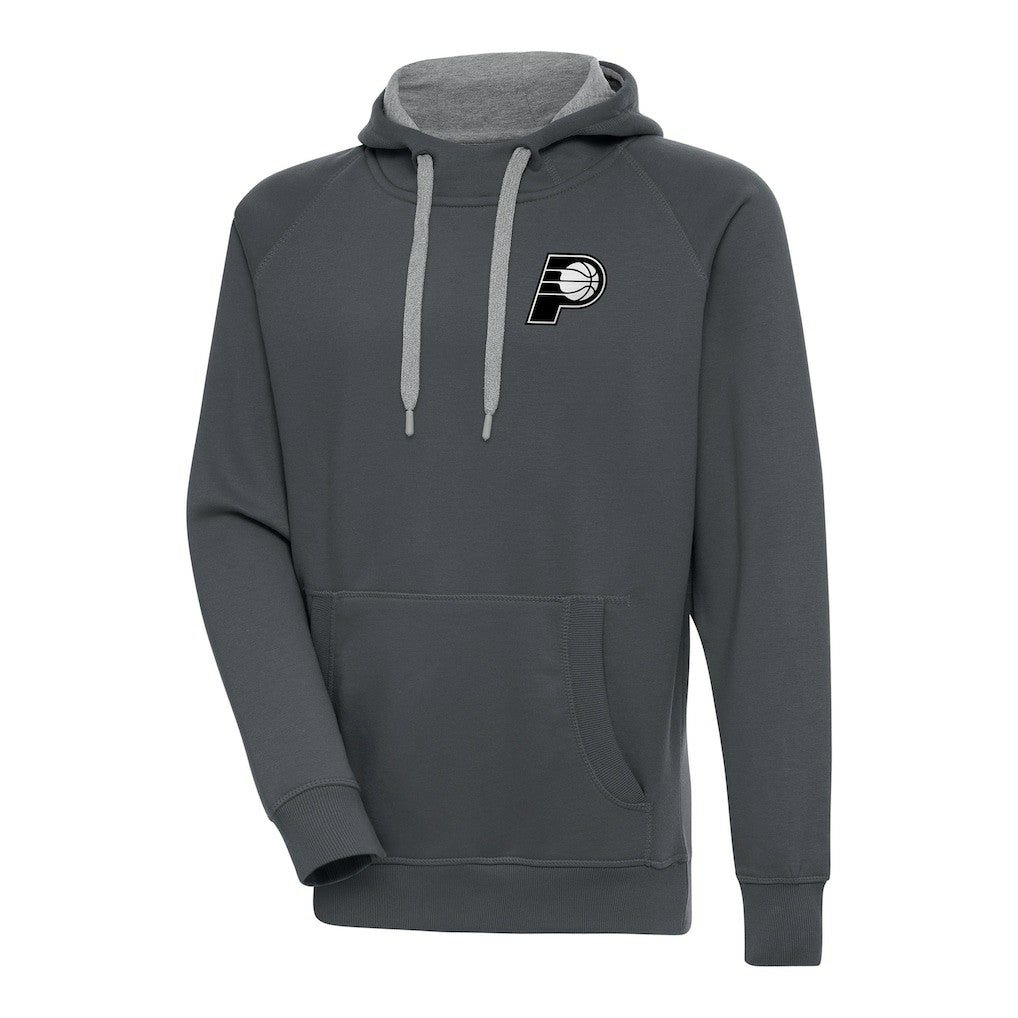 Charcoal Indiana Pacers Antigua Metallic Logo Victory Raglan Pullover Hoodie | NBA