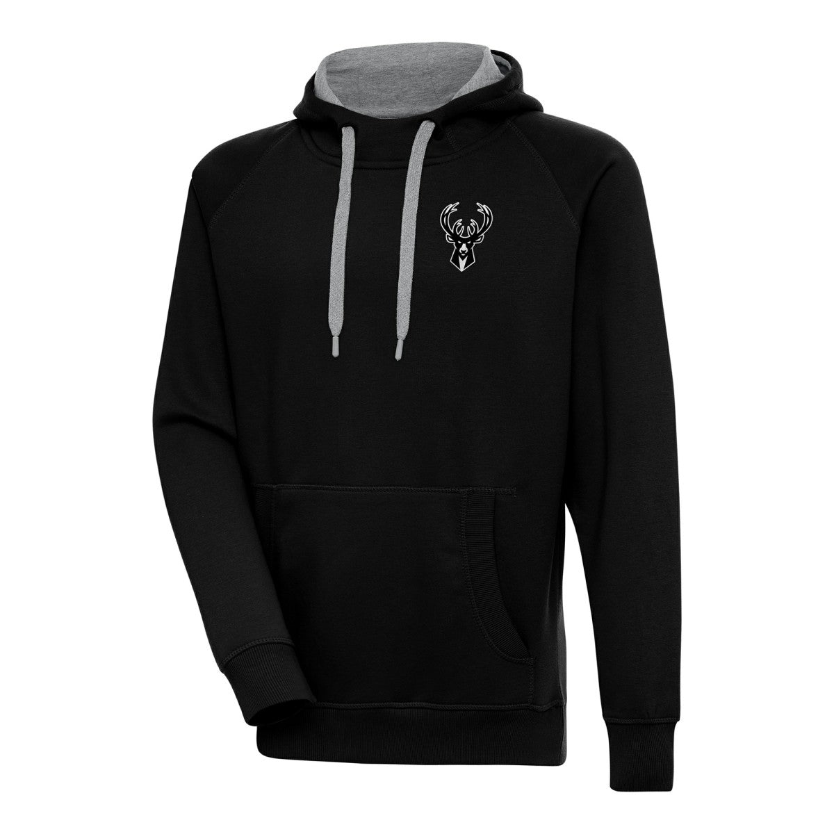 Black Milwaukee Bucks Antigua Metallic Logo Victory Raglan Pullover Hoodie | NBA
