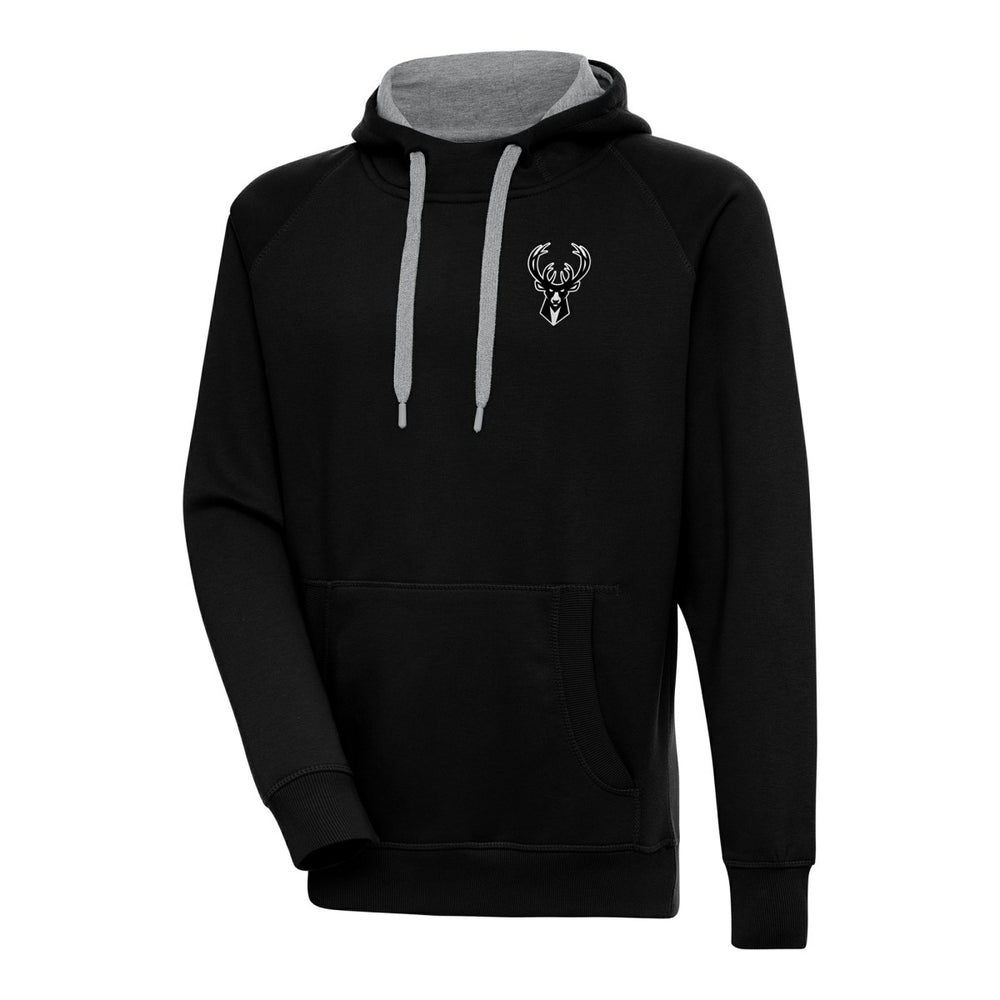 Black Milwaukee Bucks Antigua Metallic Logo Victory Raglan Pullover Hoodie | NBA