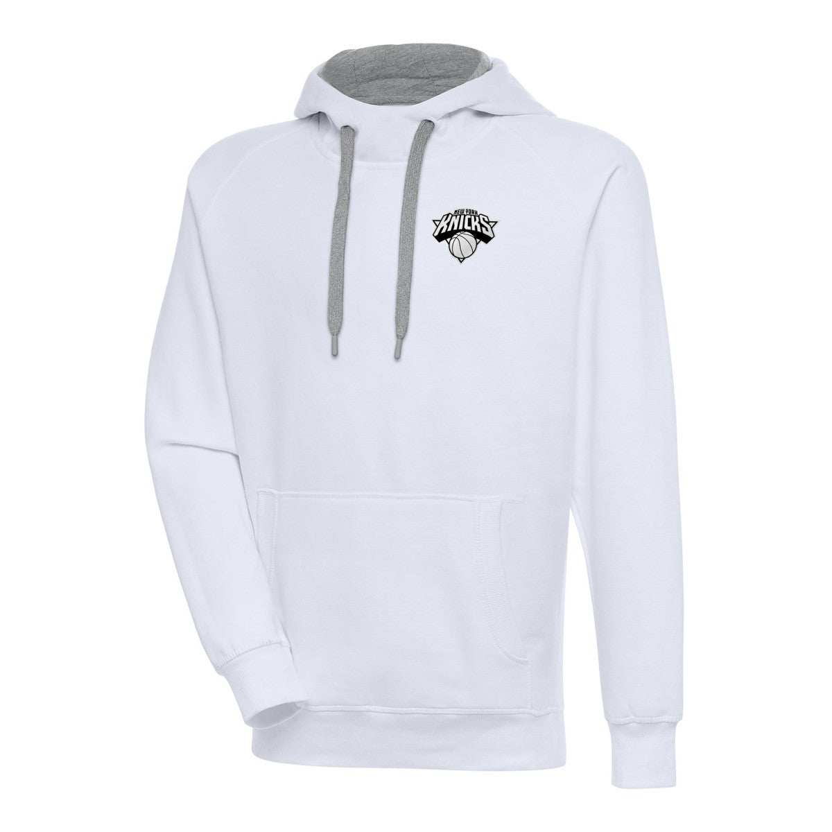 White New York Knicks Antigua Metallic Logo Victory Raglan Pullover Hoodie | NBA