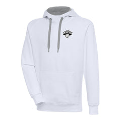 White New York Knicks Antigua Metallic Logo Victory Raglan Pullover Hoodie | NBA