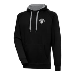 Black New York Knicks Antigua Metallic Logo Victory Raglan Pullover Hoodie | NBA