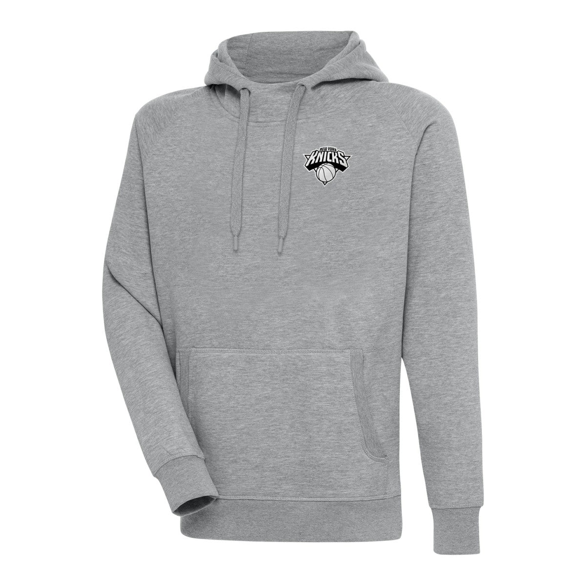 Heather Gray New York Knicks Antigua Metallic Logo Victory Raglan Pullover Hoodie | NBA