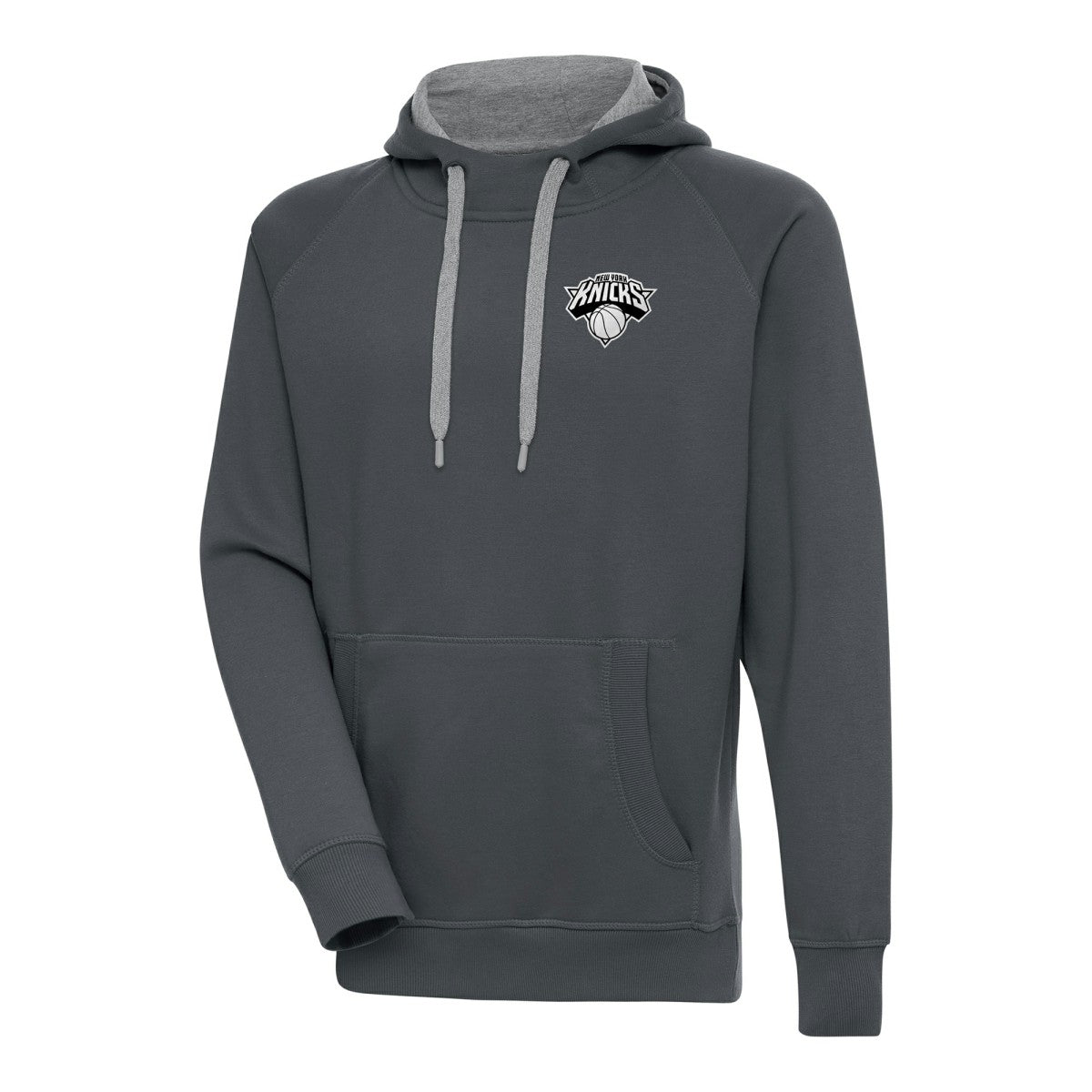 Charcoal New York Knicks Antigua Metallic Logo Victory Raglan Pullover Hoodie | NBA