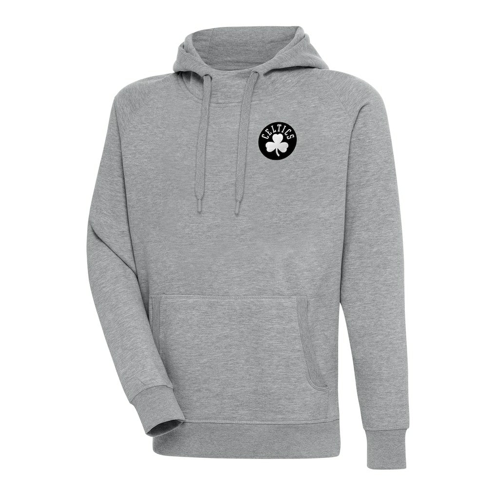Heather Gray Boston Celtics Antigua Metallic Logo Victory Raglan Pullover Hoodie | NBA