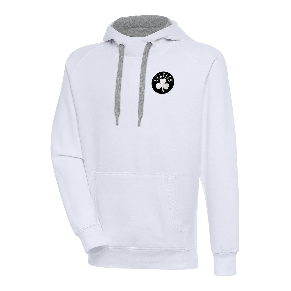 White Boston Celtics Antigua Metallic Logo Victory Raglan Pullover Hoodie | NBA