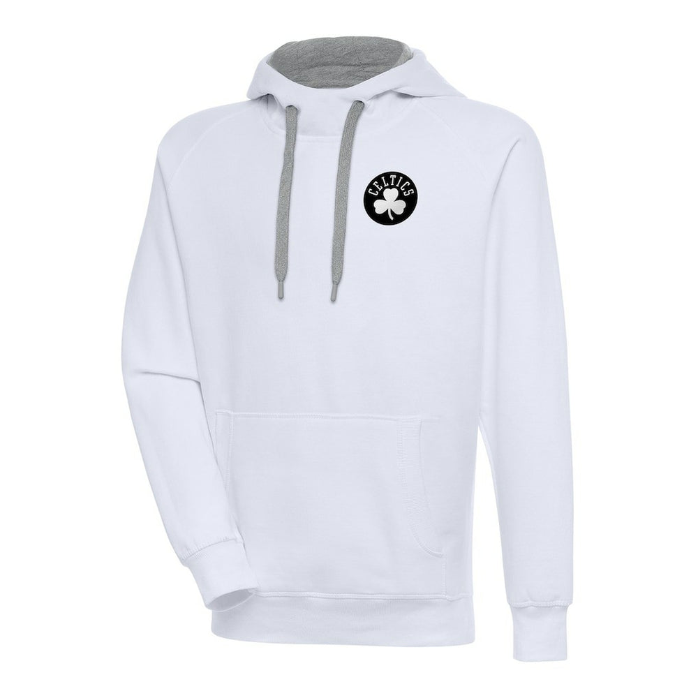 White Boston Celtics Antigua Metallic Logo Victory Raglan Pullover Hoodie | NBA