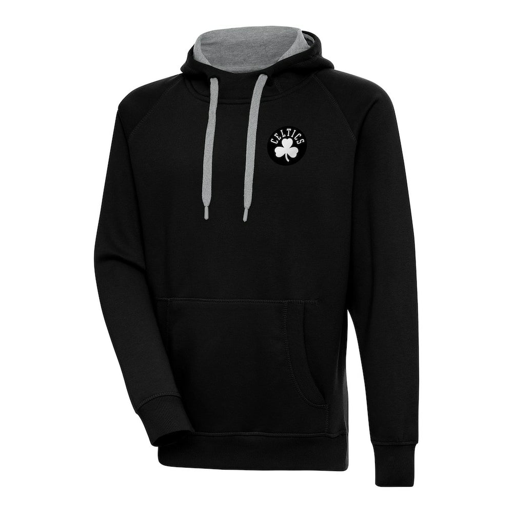 Black Boston Celtics Antigua Metallic Logo Victory Raglan Pullover Hoodie | NBA