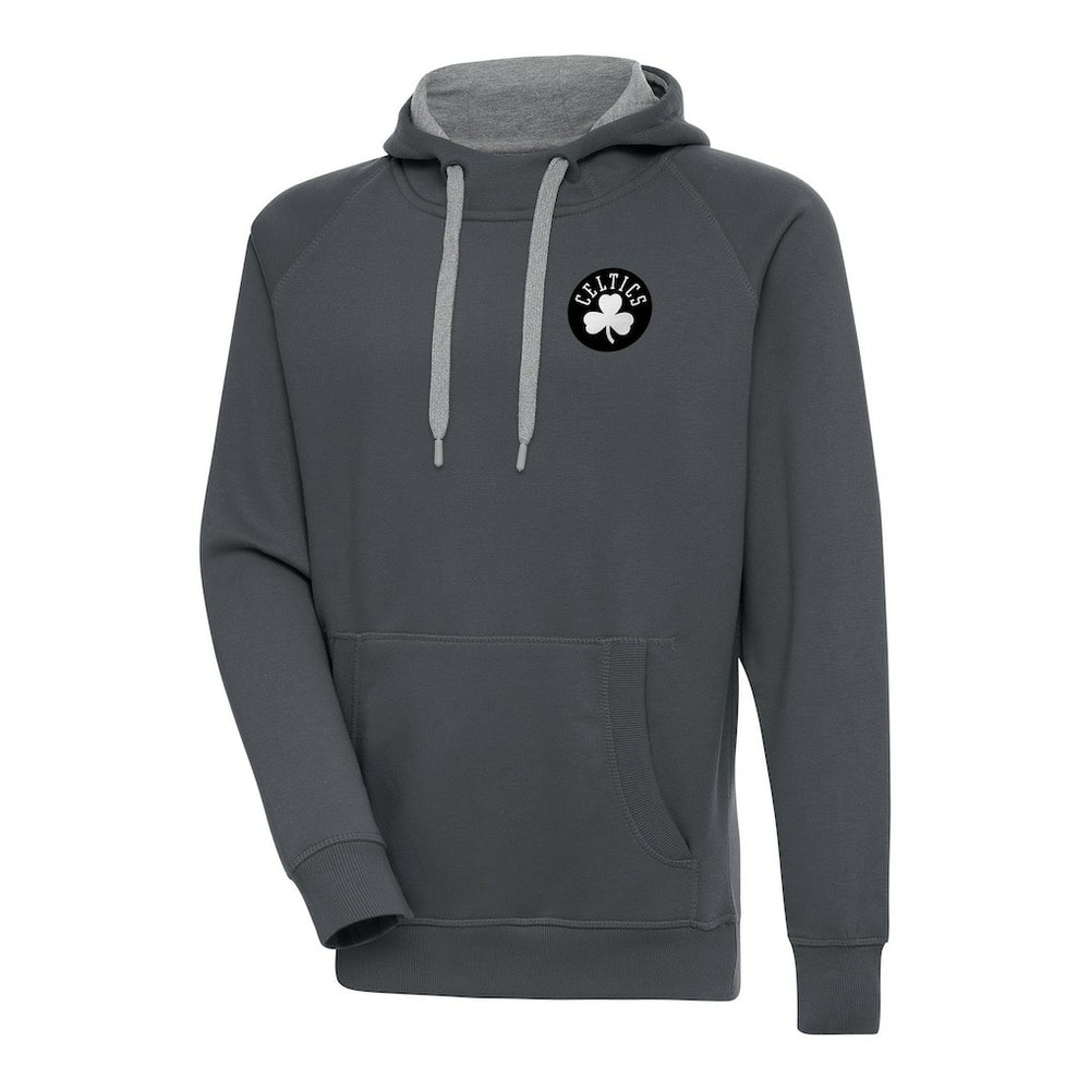 Charcoal Boston Celtics Antigua Metallic Logo Victory Raglan Pullover Hoodie | NBA