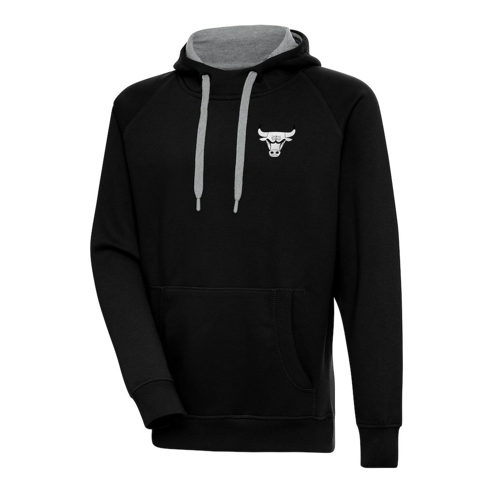 Black Chicago Bulls Antigua Metallic Logo Victory Raglan Pullover Hoodie | NBA