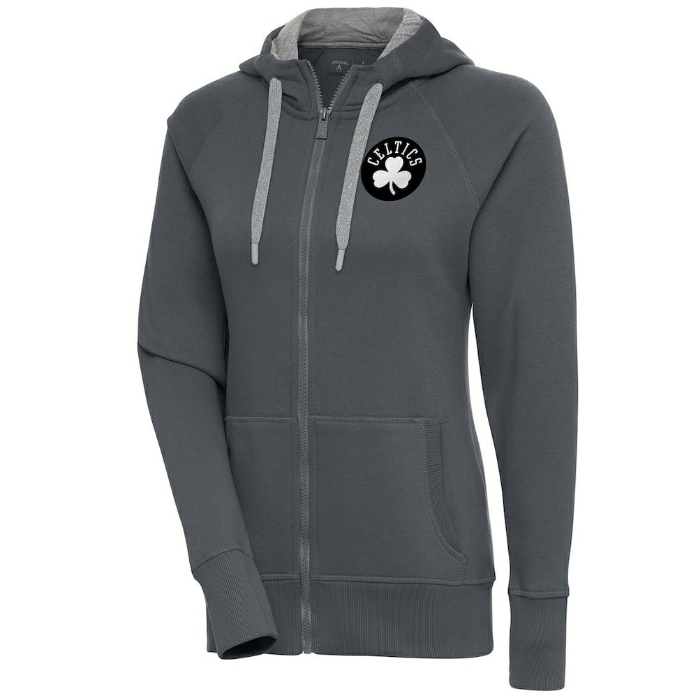 Charcoal Boston Celtics Antigua Women's Brushed Metallic Victory Full-Zip Hoodie - Charcoal for sale | NBA
