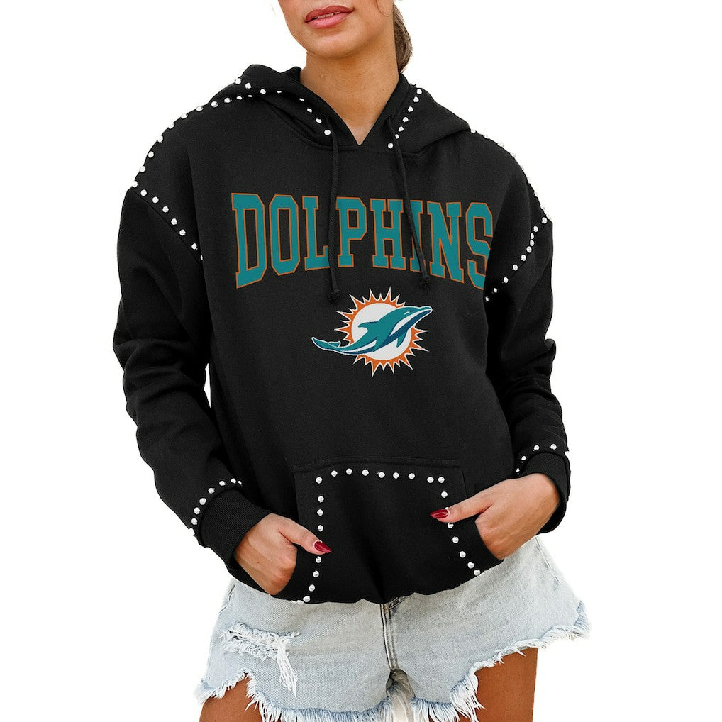 Miami Dolphins Gameday Couture Women's Oversized Catch the Vibe Studded Pullover Hoodie | NFL Outlet