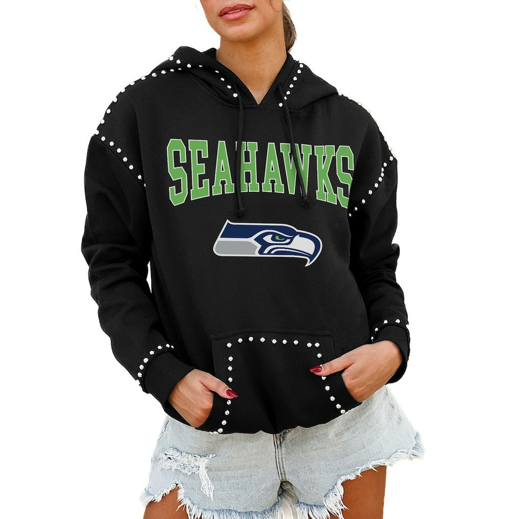 Seattle Seahawks Gameday Couture Women's Oversized Catch the Vibe Studded Pullover Hoodie | NFL Hot