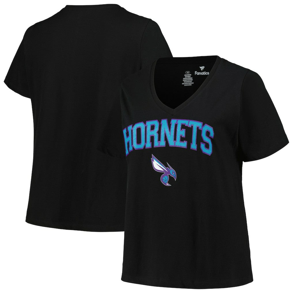 Black Charlotte Hornets Profile Women's Plus Size Arch Over Logo V-Neck T-Shirt | NBA