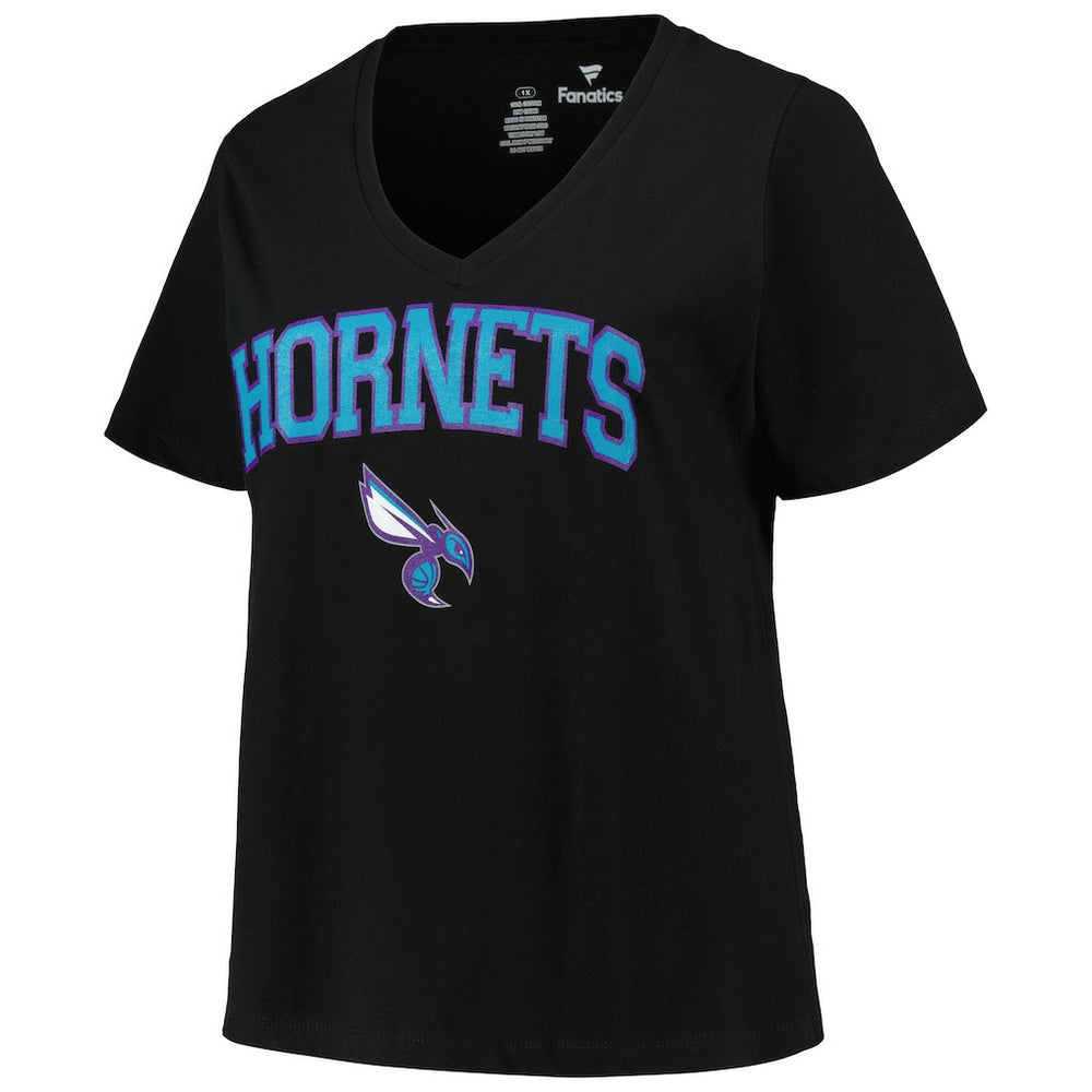 Black Charlotte Hornets Profile Women's Plus Size Arch Over Logo V-Neck T-Shirt | NBA