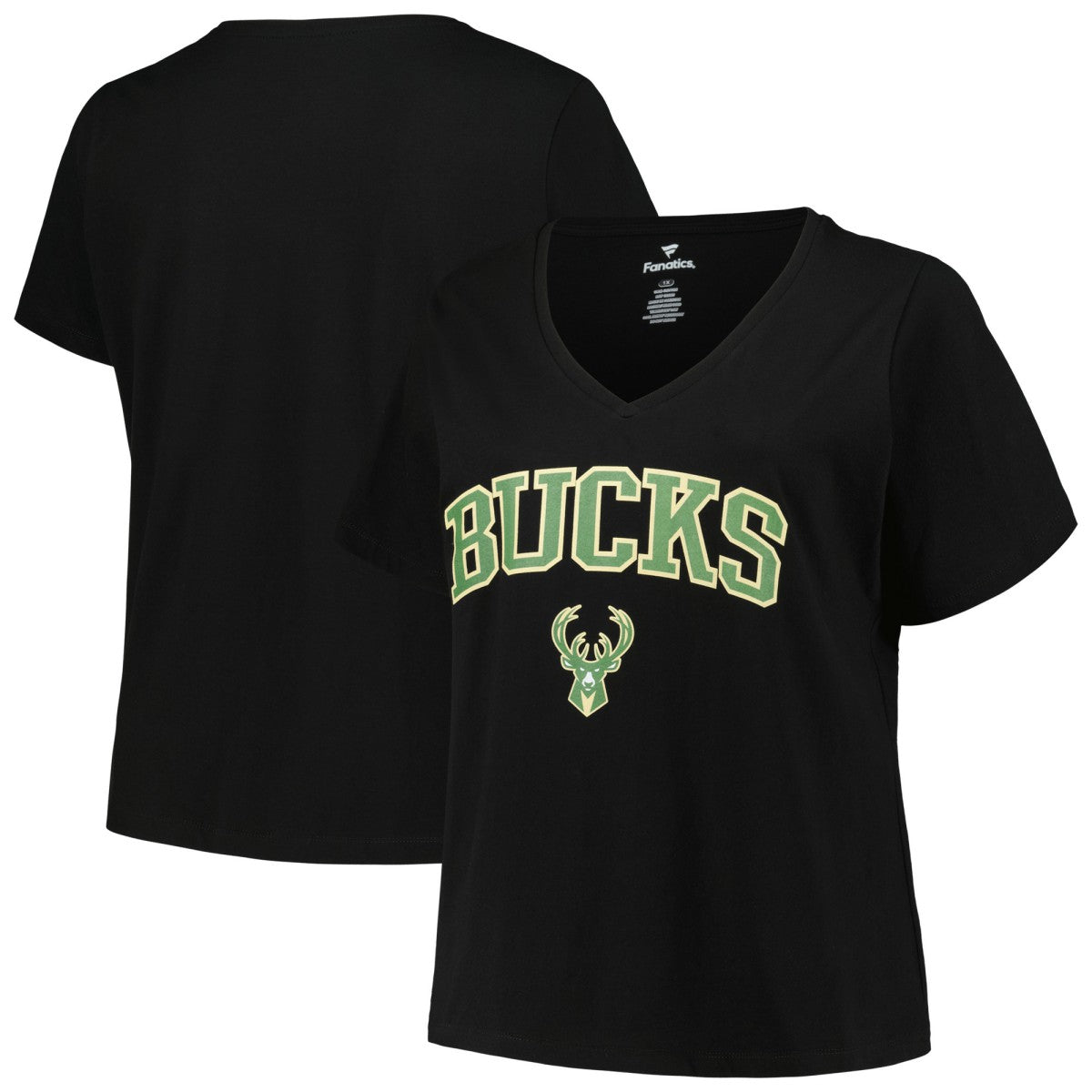 Black Milwaukee Bucks Profile Women's Plus Size Arch Over Logo V-Neck T-Shirt | NBA