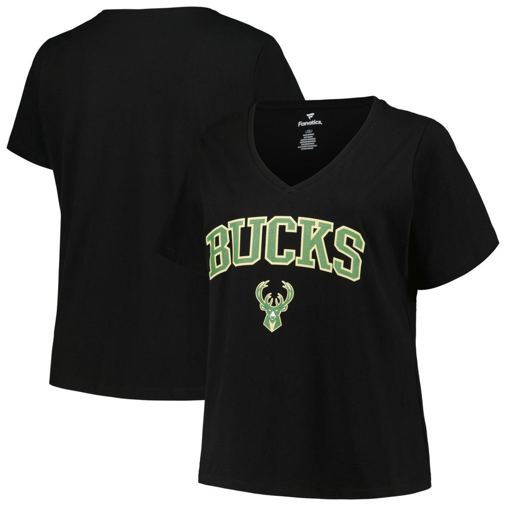 Black Milwaukee Bucks Profile Women's Plus Size Arch Over Logo V-Neck T-Shirt | NBA