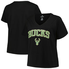 Black Milwaukee Bucks Profile Women's Plus Size Arch Over Logo V-Neck T-Shirt | NBA