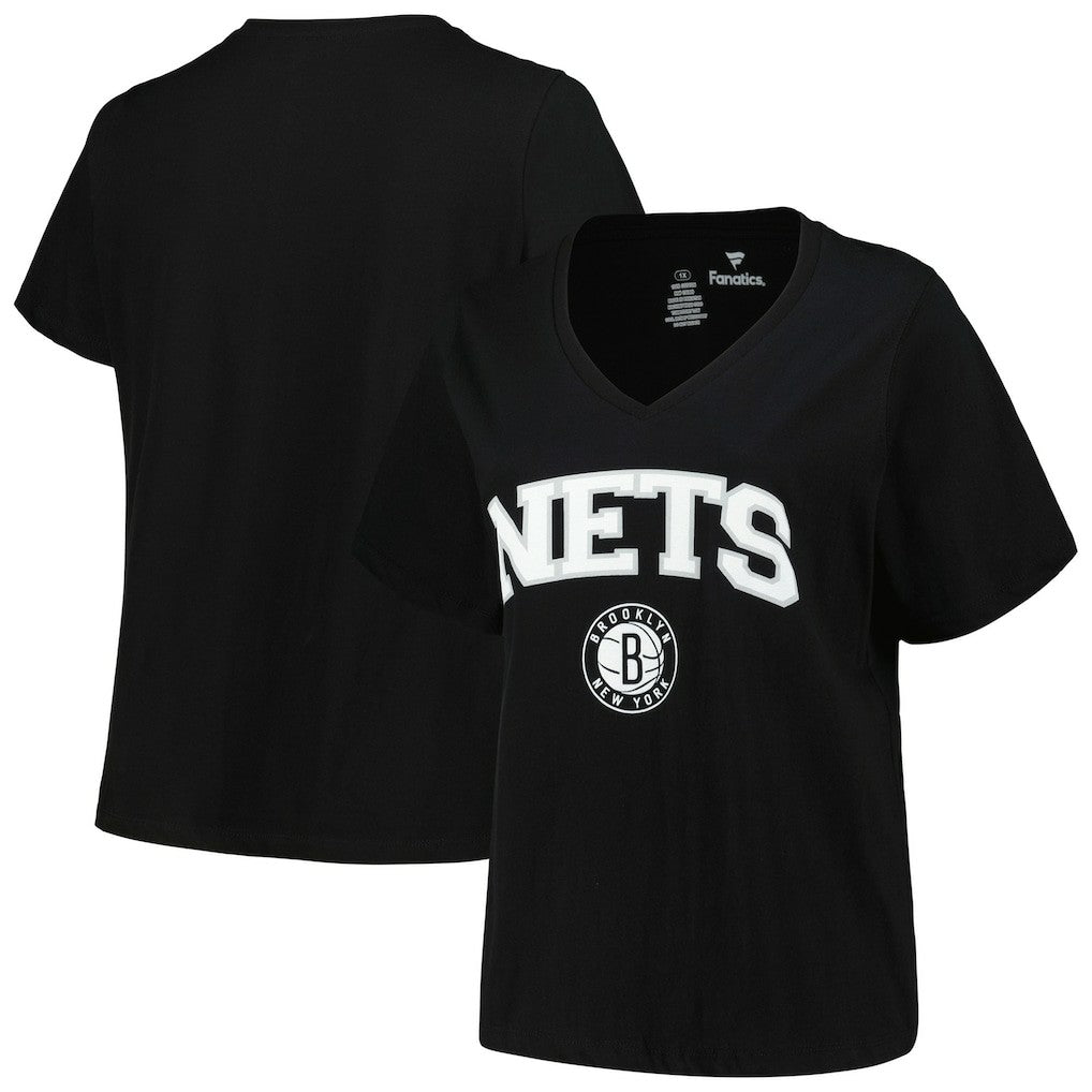 Black Brooklyn Nets Profile Women's Plus Size Arch Over Logo V-Neck T-Shirt | NBA