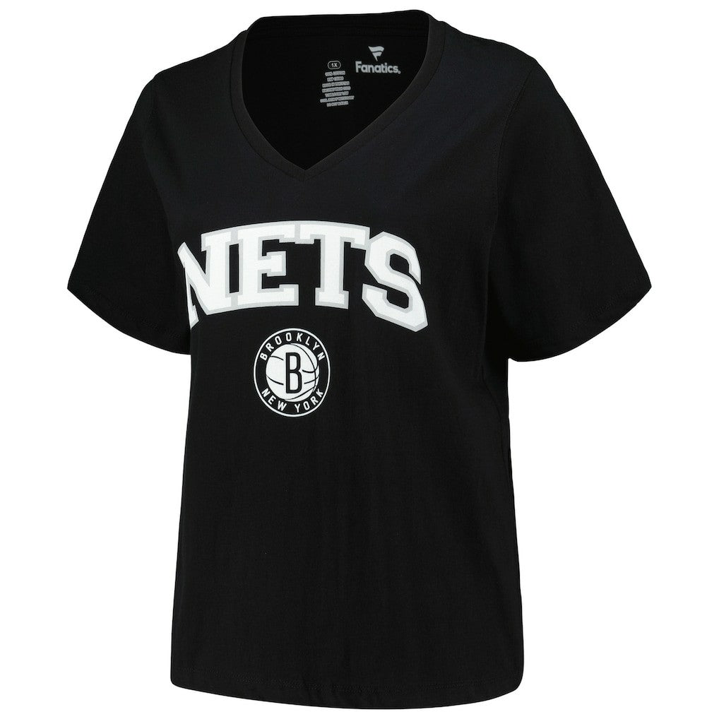 Black Brooklyn Nets Profile Women's Plus Size Arch Over Logo V-Neck T-Shirt | NBA