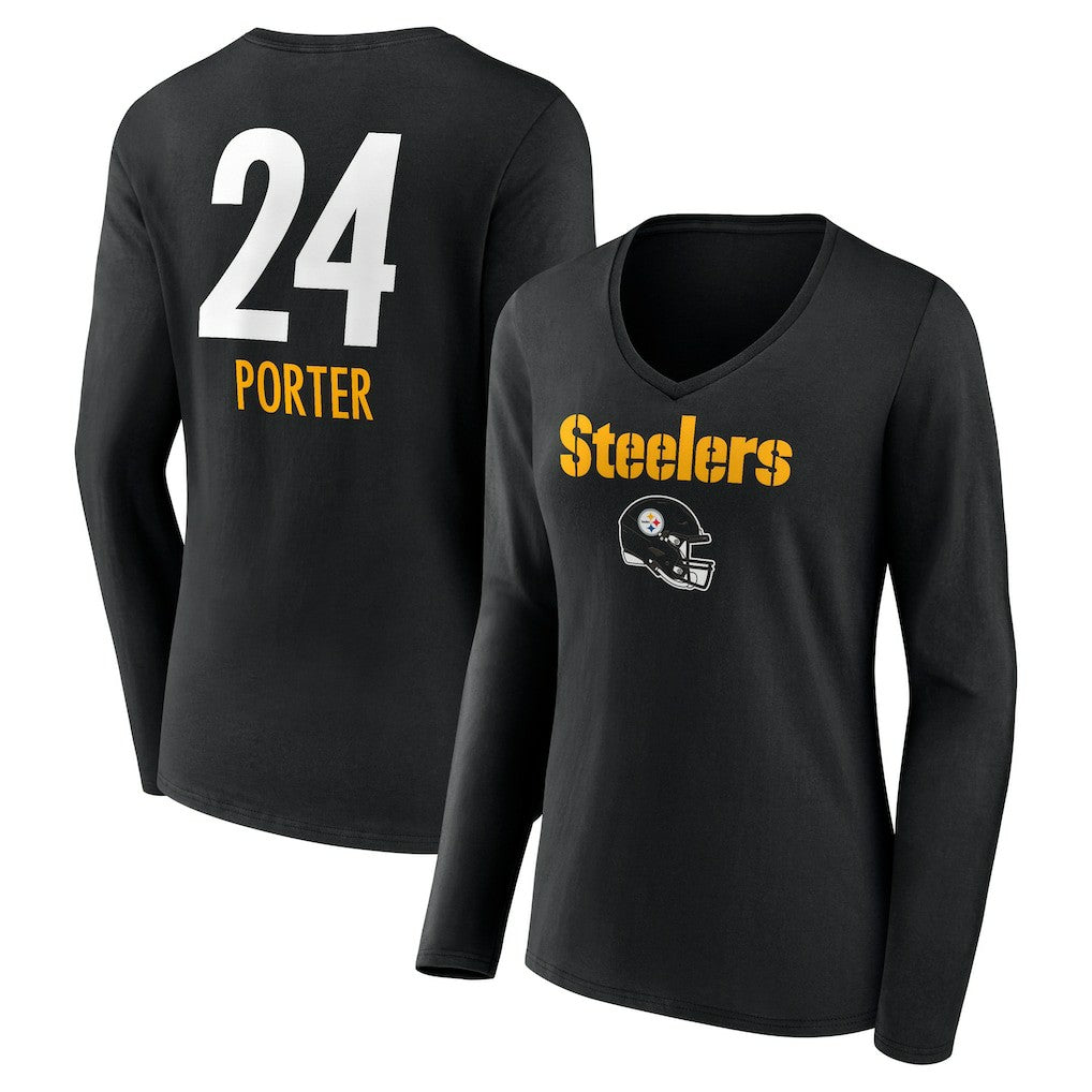 Pittsburgh Steelers Joey Porter Jr.  Women's Team Wordmark Player Name & Number Long Sleeve V-Neck T-Shirt | NFL New