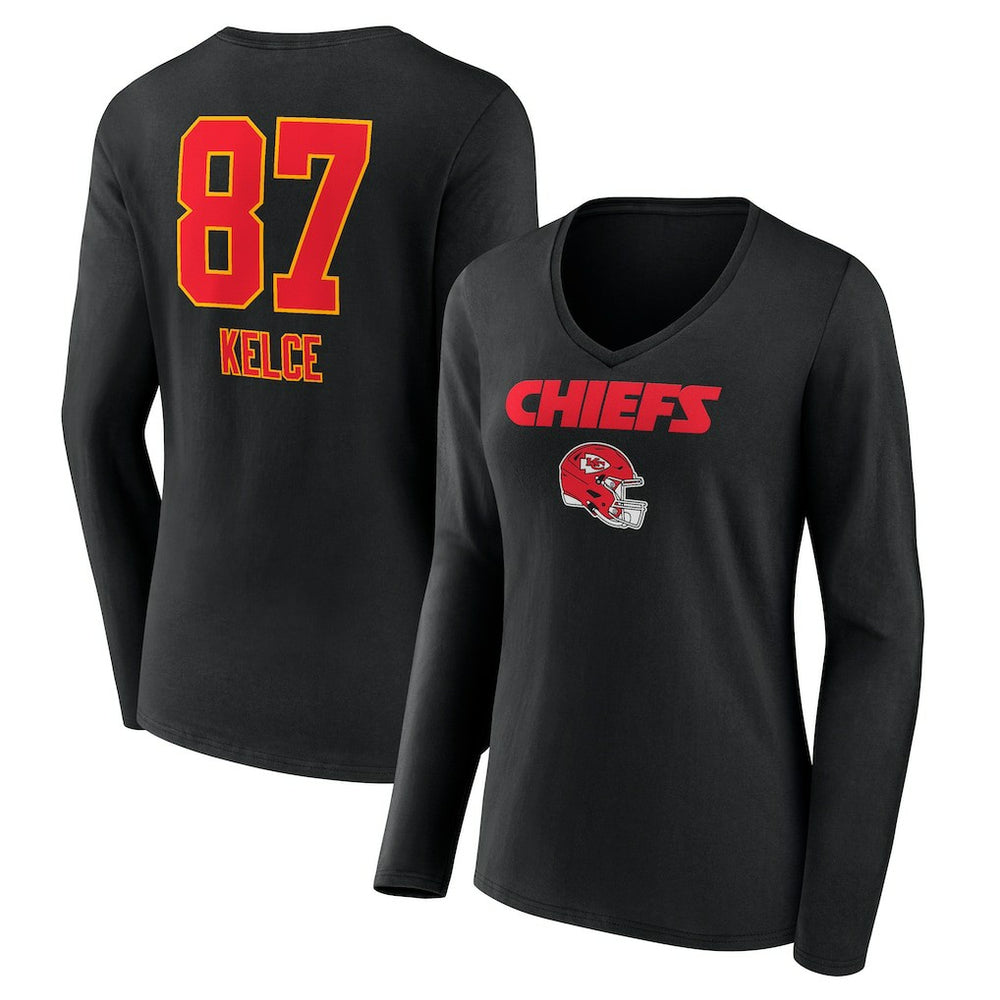 Kansas City Chiefs Travis Kelce  Women's Team Wordmark Player Name & Number Long Sleeve V-Neck T-Shirt | NFL Sale