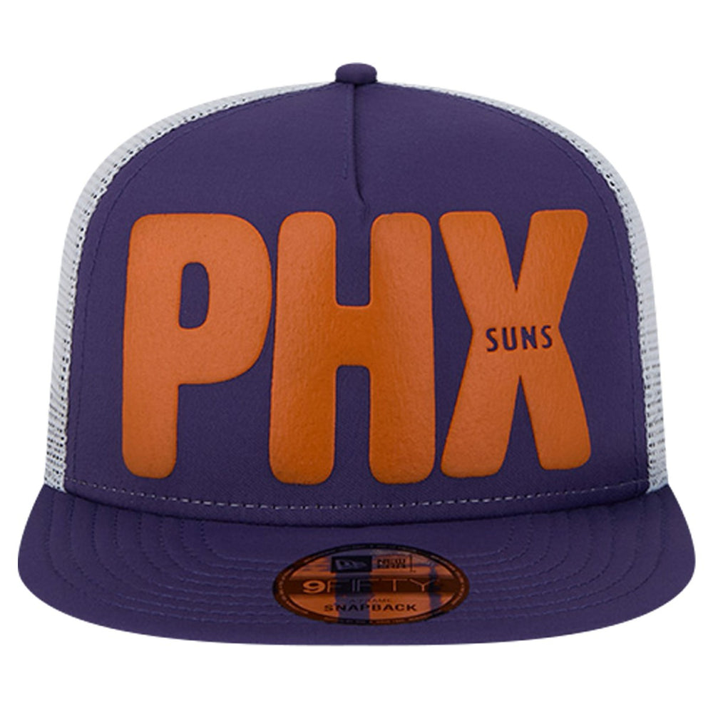 Purple Phoenix Suns Puff Print Team Code A-Frame 9FIFTY Trucker Snapback Hat | NBA