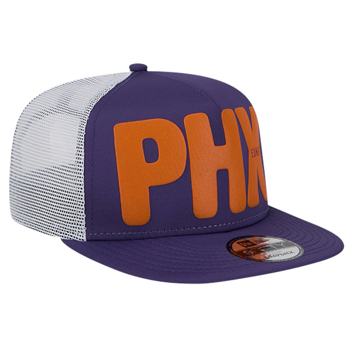 Purple Phoenix Suns Puff Print Team Code A-Frame 9FIFTY Trucker Snapback Hat | NBA