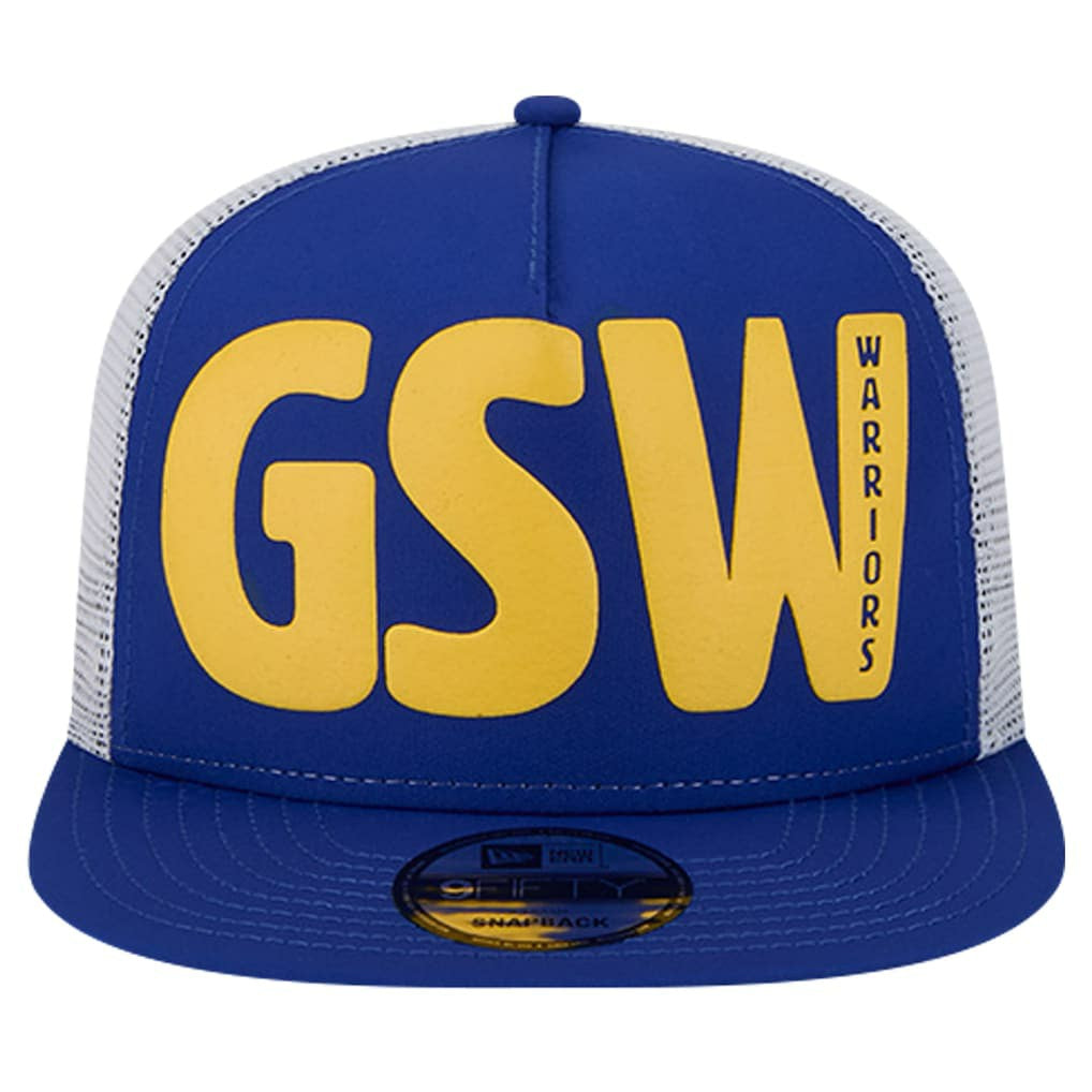 Royal Golden State Warriors Puff Print Team Code A-Frame 9FIFTY Trucker Snapback Hat sale | NBA