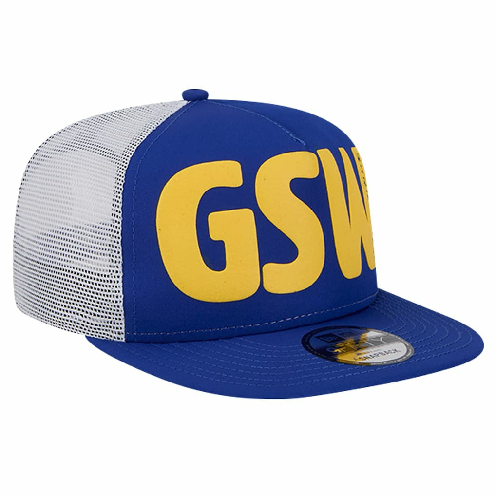 Royal Golden State Warriors Puff Print Team Code A-Frame 9FIFTY Trucker Snapback Hat sale | NBA