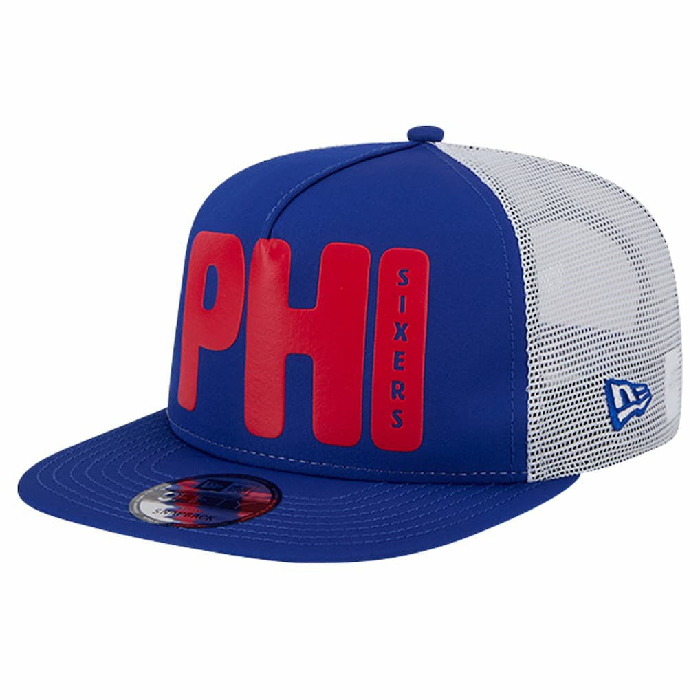 Royal Philadelphia 76ers Puff Print Team Code A-Frame 9FIFTY Trucker Snapback Hat | NBA
