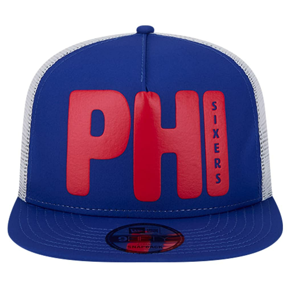 Royal Philadelphia 76ers Puff Print Team Code A-Frame 9FIFTY Trucker Snapback Hat | NBA