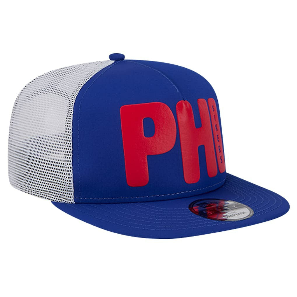 Royal Philadelphia 76ers Puff Print Team Code A-Frame 9FIFTY Trucker Snapback Hat | NBA