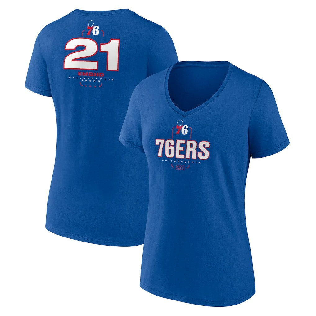 Royal Joel Embiid Philadelphia 76ers Women's Behind The Back Name & Number V-Neck T-Shirt | NBA